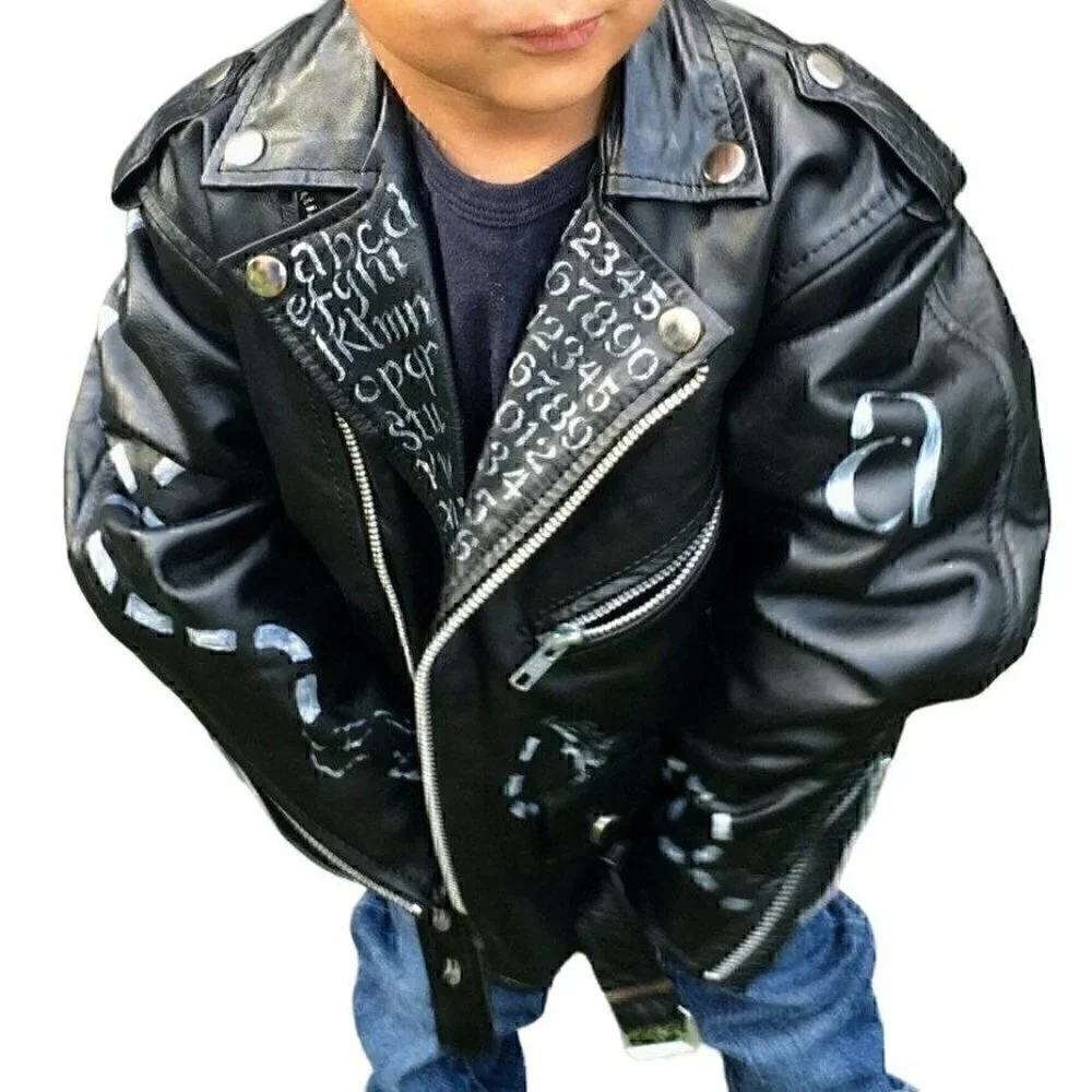 Black genuine leather biker motorcycle jacket hand painted images ABC's kids 4T